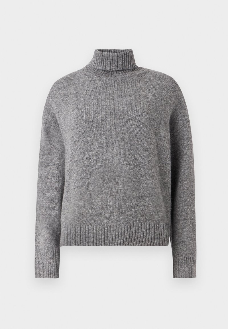 Grau gestrickter Rollkragenpullover aus weichem Strickstoff, mit geripptem Kragen und Saum, locker geschnitten und mit langen Ärmeln.