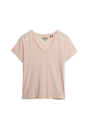 T-shirt rose clair à manches courtes en V, fabriqué dans un tissu doux, avec un petit logo sur la poitrine et une coupe décontractée.