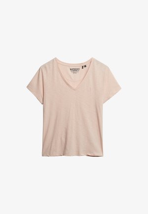 T-shirt rose clair à manches courtes en V, fabriqué dans un tissu doux, avec un petit logo sur la poitrine et une coupe décontractée.