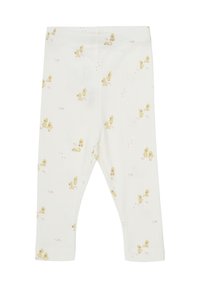 Hvide bomulds leggings med ribbet tekstur, prydet med et legende print af en gul andunge og elastisk talje for komfort.