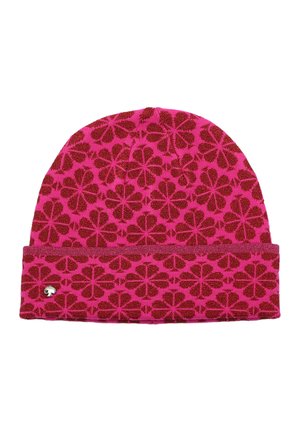Pink knit beanie featuring a floral pattern in dark red, with a folded cuff and a small metallic logo detail on the side.