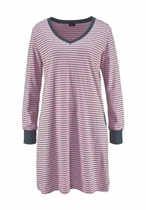 Rosa und marineblau gestreiftes Nachthemd mit langem Arm, V-Ausschnitt und dunklen Bündchen. Weicher Stoff, knielanger Schnitt und seitliche Taschen.