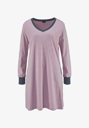 Pink and navy striped long-sleeve nightdress with a V-neck and dark cuffs. Soft fabric, knee-length cut, and side pockets.