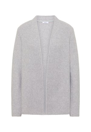 Hellgraue Strickjacke aus Rippenstrickmaterial, mit offenem Vorderteil und langen Ärmeln. Weiche Textur mit lockerem Sitz.