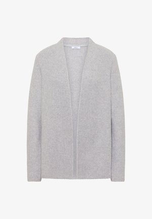 Vaaleanharmaa neuletakki, valmistettu ribbineuloksesta, jossa avoin etuosa ja pitkät hihat. Pehmeä koostumus ja rento istuvuus.