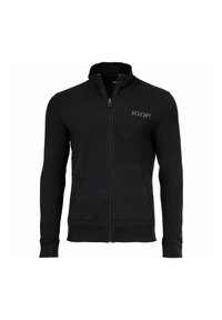 Schwarze Zip-Up-Sweatjacke aus weichem Stoff, mit Stehkragen, zwei frontalen Taschen und einem Logo auf der linken Brustseite.