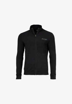 Schwarze Zip-Up-Sweatjacke aus weichem Stoff, mit Stehkragen, zwei frontalen Taschen und einem Logo auf der linken Brustseite.