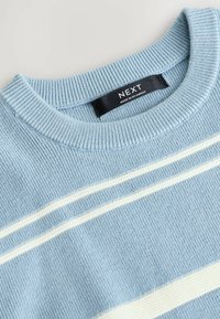Maglione azzurro chiaro con texture a coste, caratterizzato da due strisce bianche orizzontali e un colletto a girocollo. Etichetta: "NEXT, fabbricato in Myanmar."