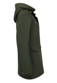 Olijfgroene parka jas met een capuchon, rits aan de voorkant, zijzakken en versterkte stiksels. Gladde textuur, middellange ontwerp.