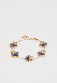 Goudkleurige armband met blauwe geëmailleerde vlinder-vormige schakels, versierd met heldere rhinesten en een veilige sluiting.
