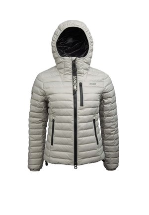Veste doudoune gris clair avec une capuche ajustée, une fermeture éclair à l'avant et deux poches latérales. Présente un matelassage horizontal et des accents en matériel noir.