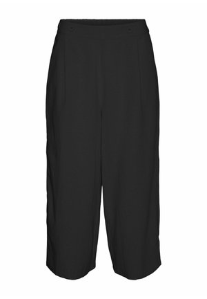 Pantalons larges noirs avec une texture lisse, dotés d'une taille haute, de deux boutons à l'avant et de détails de pli pour une structure.