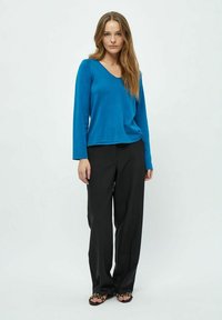 Blaues Langarmoberteil mit V-Ausschnitt, kombiniert mit schwarzen weit geschnittenen Hosen. Das Oberteil hat eine glatte Textur und das Outfit weist minimale Details auf.