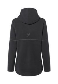 Felpa nera in pile con maniche lunghe, cappuccio con cordino e un sottile design a forma di cuore al centro della schiena, con cuciture a contrasto.