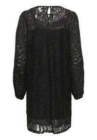 Rochie neagră din dantelă cu mâneci lungi, model floral, decolteu rotund și închidere la spate cu gol. Textură semi-transparentă, design până la genunchi.