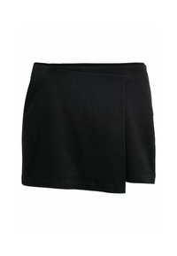 Jupe portefeuille noire avec une texture lisse, présentant un design asymétrique et une taille large. Convient à diverses occasions.