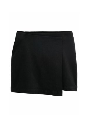 Black wrap skirt with a smooth texture, featuring an asymmetric design and a wide waistband. Suitable for various occasions.