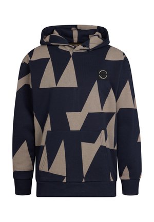 Felpa con cappuccio caratterizzata da un motivo geometrico blu navy e beige, realizzata in tessuto morbido, con una tasca frontale e polsini e orlo a costine.