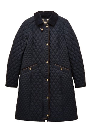 Długa czarna pikowana kurtka z zatrzaskami, boczne kieszenie z patkami i ciemnym kołnierzem, zaprojektowana na zimną pogodę.