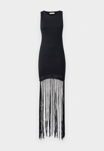 Black sleeveless dress with a fitted bodice, featuring a fringe hem made of long black strands and a textured knitted band at the waist.