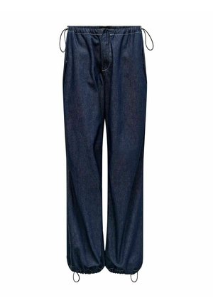 Pantalons en denim bleu foncé avec une taille élastique, cordon de serrage extérieur, poches latérales et bas resserré avec cordons de serrage ajustables.