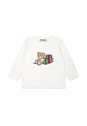 Camicia bianca a maniche lunghe con un cartone animato orsetto e regali colorati. Tessuto in cotone morbido con scollo a girocollo e bottoni a pressione sulla spalla.
