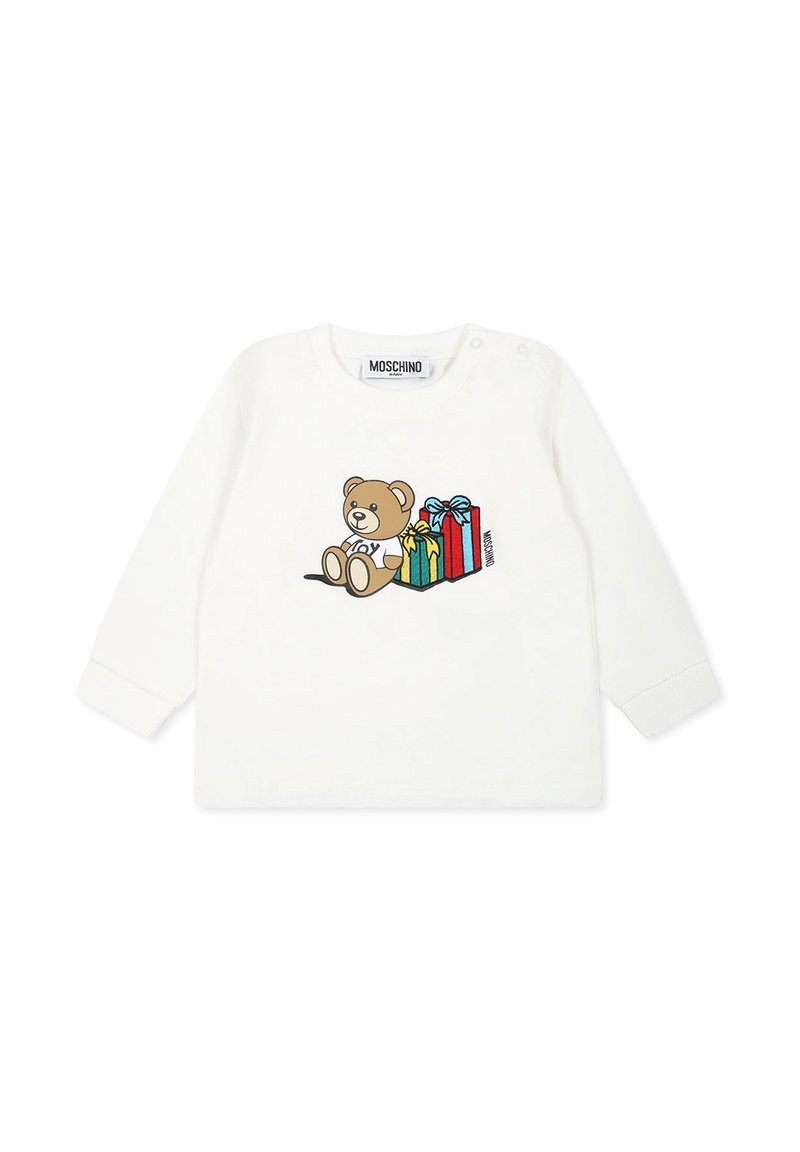 Camicia bianca a maniche lunghe con un cartone animato orsetto e regali colorati. Tessuto in cotone morbido con scollo a girocollo e bottoni a pressione sulla spalla.