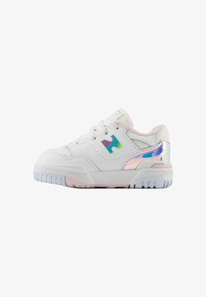 White sneaker with a smooth leather upper, pastel accents, and an iridescent heel detail. Features a rubber sole with textured treads.
