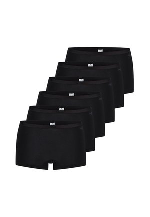 Sechs schwarze nahtlose Boxershorts gestapelt in versetzter Anordnung auf weißem Hintergrund.