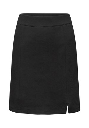 Czarna spódnica do kolan z małym przednim rozcięciem po prawej stronie i dopasowanym paskiem w talii.