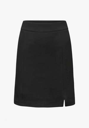 Czarna spódnica do kolan z małym przednim rozcięciem po prawej stronie i dopasowanym paskiem w talii.