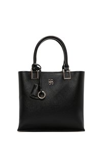 Borsa a spalla in pelle nera con forma strutturata, doppi manici, hardware in tonalità argento e superficie testurizzata. Presenta un accento decorativo con il logo.