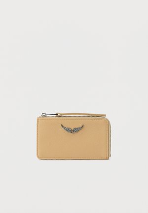 Yellow leather wallet with a textured finish, featuring a silver wing-shaped accent, zip closure, and rectangular shape.