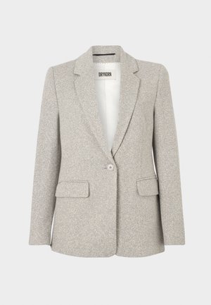 Light gray blazer with a textured fabric, featuring a notched lapel, single button closure, and two front pockets. Simple, structured design.