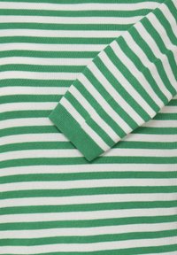 Pull rayé vert et blanc avec une texture douce. Il présente de larges rayures horizontales et une manchette verte. Fabriqué en tissu tricoté léger.