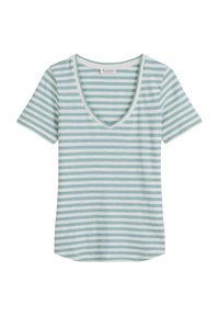 Camiseta de manga corta a rayas en azul claro y blanco, con escote en V y dobladillo curvado, hecha de una tela suave para mayor comodidad.