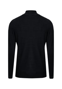 Maglione nero a maniche lunghe con colletto e polsini a coste. Tessuto liscio con un design a vestibilità slim e un sottile dettaglio di cucitura sulle spalle.