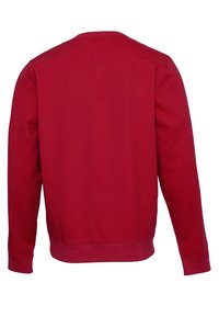 Červená mikina s dlouhými rukávy, žebrovanými manžetami a pasem, s hladkou texturou, navržená v jednoduchém, klasickém tvaru.