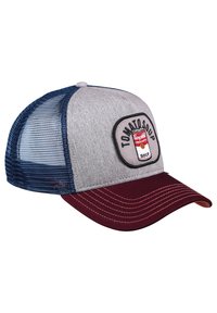 Gray fabric cap with a navy mesh back. Burgundy brim with white stitching. Features a patch with "TOMATO SOUP" and a can graphic.