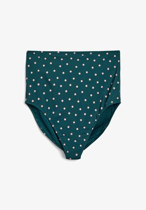 High-waisted swim bottom in teal fabric with pink polka dots, featuring smooth texture and elastic waistband for comfort.