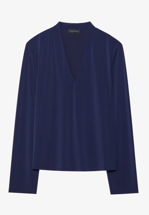 T-shirt à manches longues bleu marine avec un décolleté en V profond et un tissu doux et lisse. La conception offre une coupe décontractée avec peu de coutures et sans motifs.