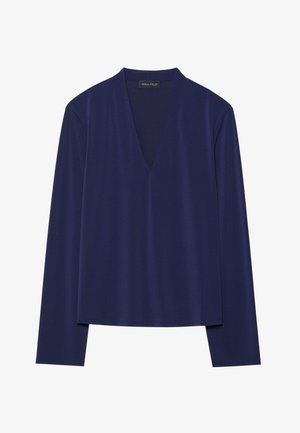 Parte superior de manga larga en color marino con un profundo escote en V y una tela suave y lisa. El diseño tiene un corte relajado con costuras mínimas y sin patrones.