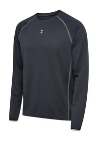 Langärmliges Sporthemd in Dunkelgrau mit strukturiertem Muster, kontrastierenden hellgrauen Nähten und Rundhalsausschnitt.