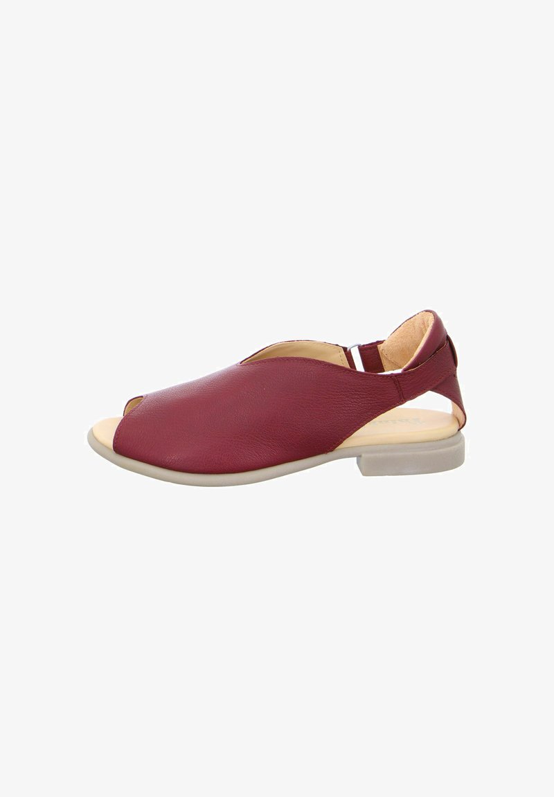 Maroone leather sandal with an open toe, low heel, and cutout design. Features a cushioned insole and a contrasting light sole.