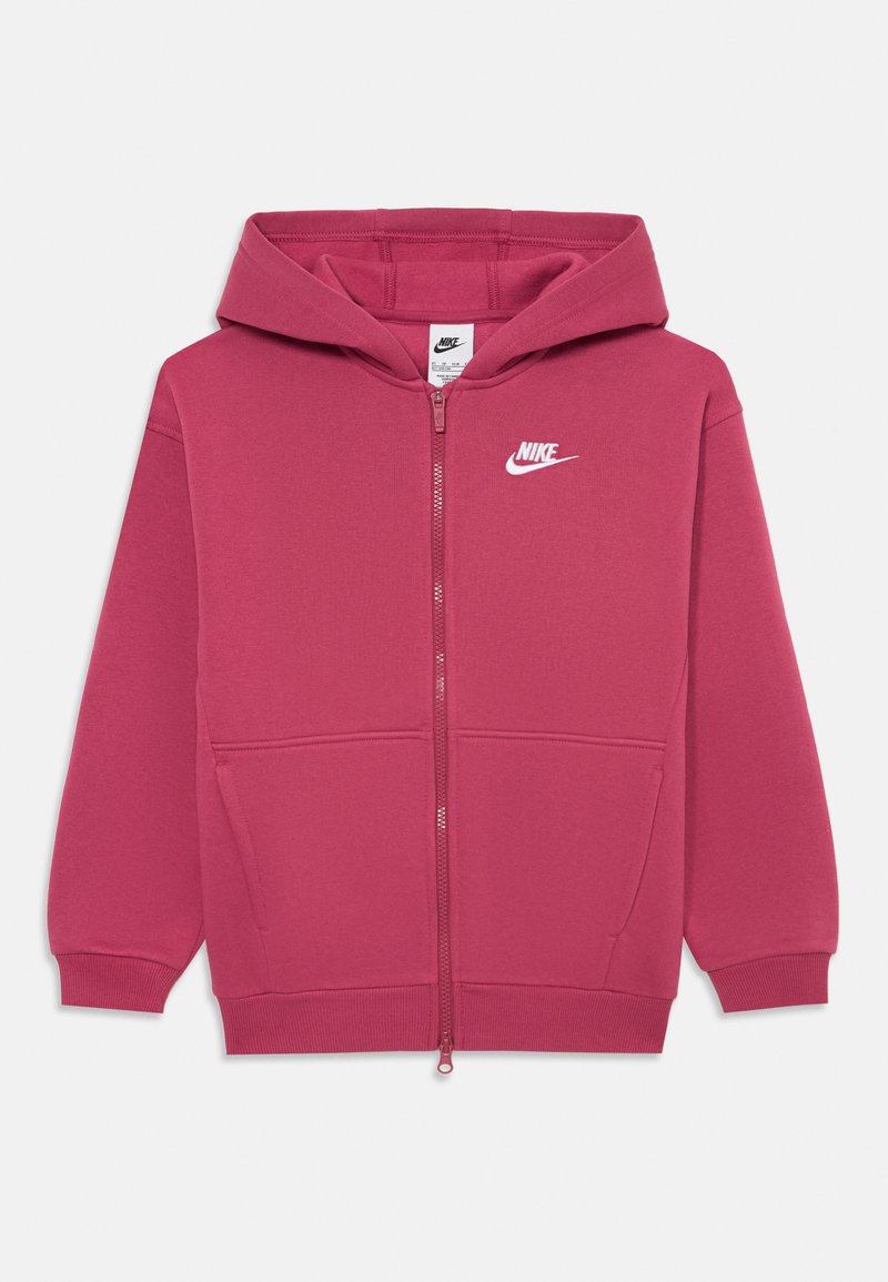 C sweatshirt com fecho da Nike em fúcsia, com um bolso frontal, um logo branco no lado esquerdo do peito e capuz ajustável com cordão. Feito de um tecido suave e texturizado.