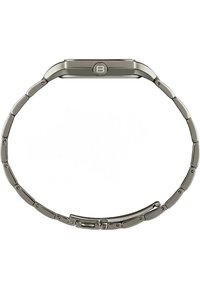 Stålur med rektangulært urskive, linked rem og et 'B' logo på siden. Metallisk grå farve med en glat tekstur.