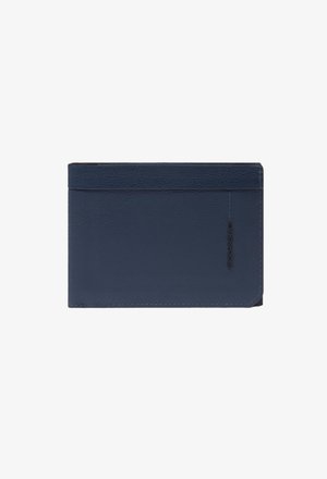 Navy leather wallet with a smooth texture, featuring a single pocket design and subtle embossed branding on the front.