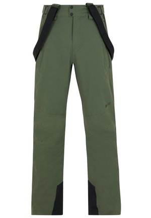 Green outdoor pants made of durable fabric, featuring adjustable black suspenders, a straight-cut design, and black accents at the cuffs.