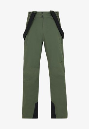 Green outdoor pants made of durable fabric, featuring adjustable black suspenders, a straight-cut design, and black accents at the cuffs.