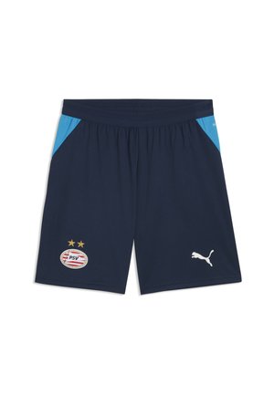 Marineblaue Sportshorts mit hellblauen Seitenteilen, PSV Fußballclub-Wappen am linken Bein und weißem Puma-Logo am rechten Bein.
